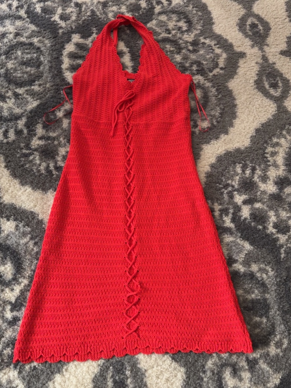 Crochet Halter Lace-Up Mini Dress in Red